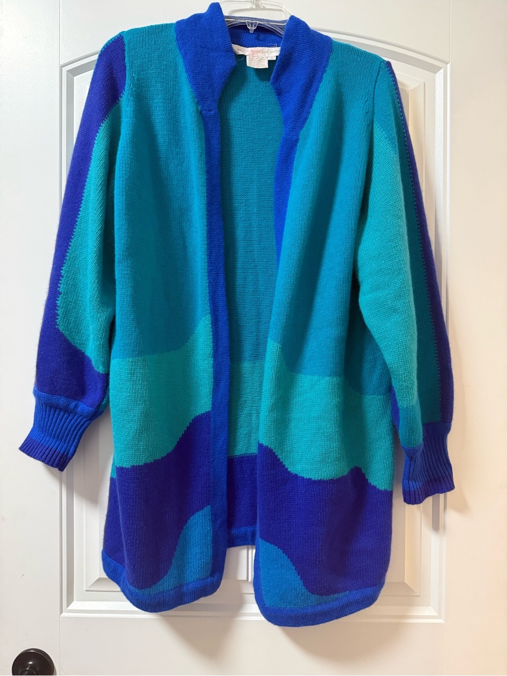 Vintage 90s Brett Harrison Knit Lambswool Angora Color Block Long Cardigan